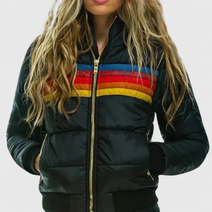Women's striped quilted zip-up puffer jacket with rainbow stripes