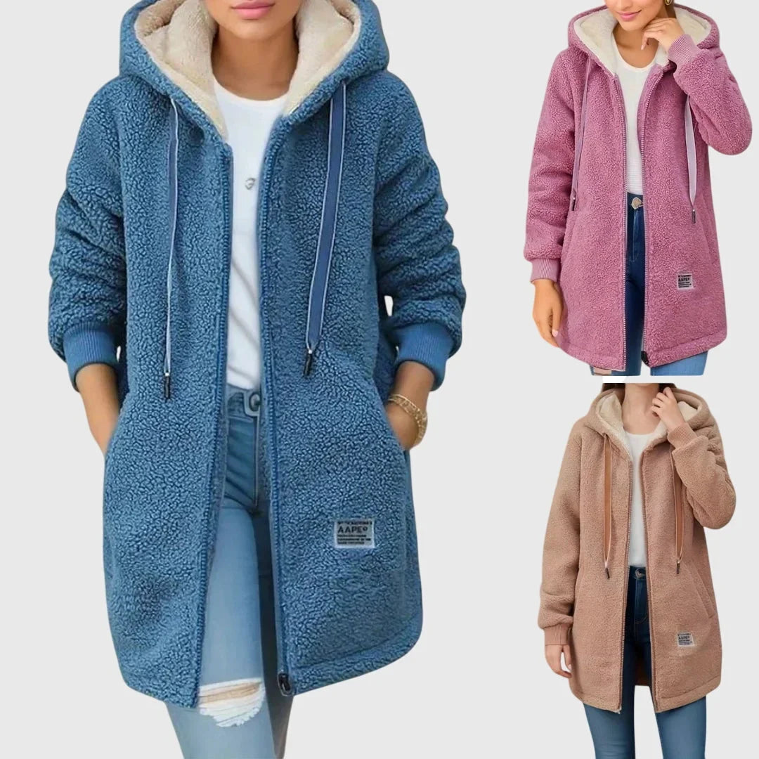 Women's borg zip-up hood long coat with drawstring