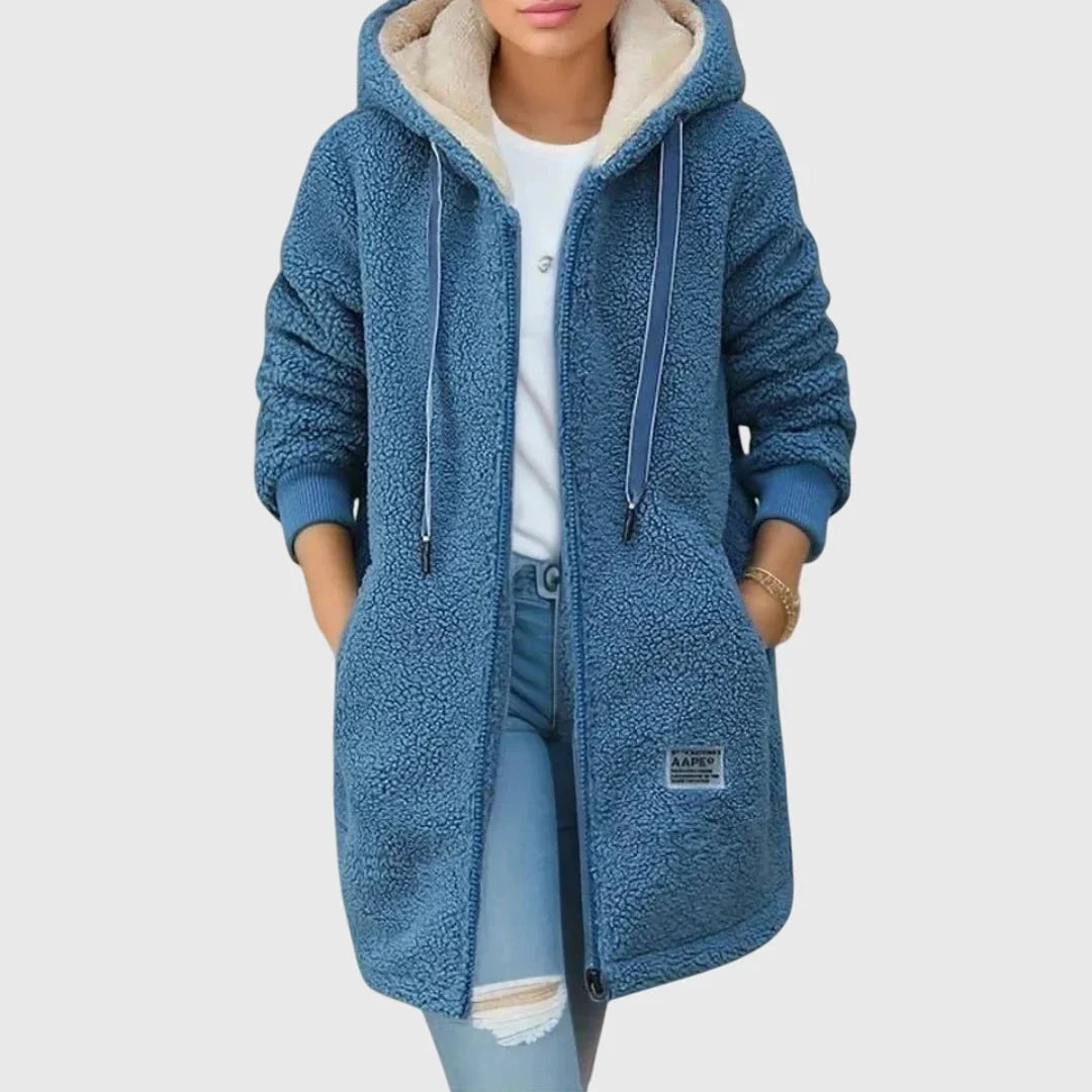 Women's borg zip-up hood long coat with drawstring – Blue
