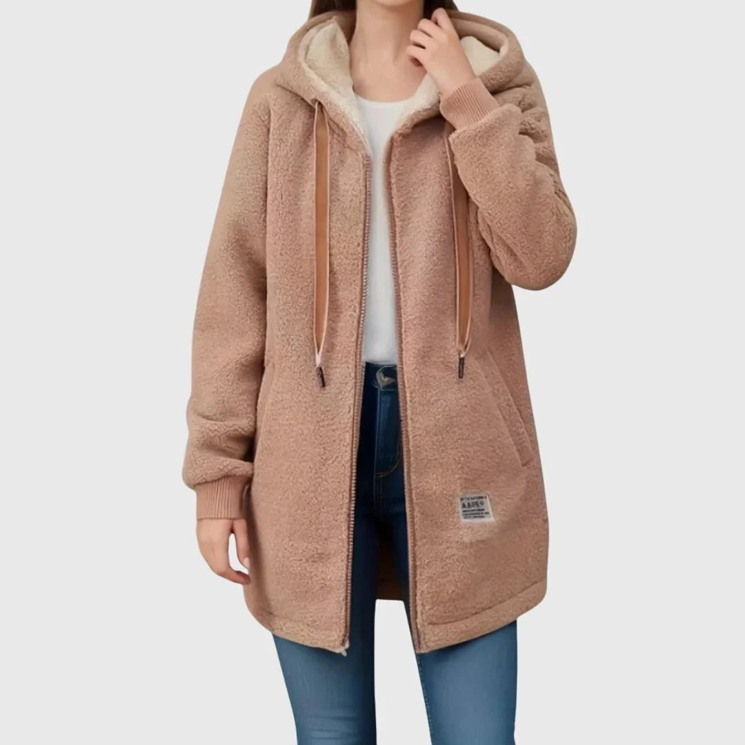 Women's borg zip-up hood long coat with drawstring – Brown