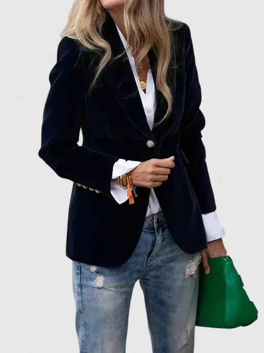 Women's velvet button-front notch lapel blazer with decorative cuff – Black