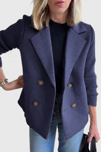 Women's double-breasted notch lapel blazer with ribbed knit sleeves – Blue