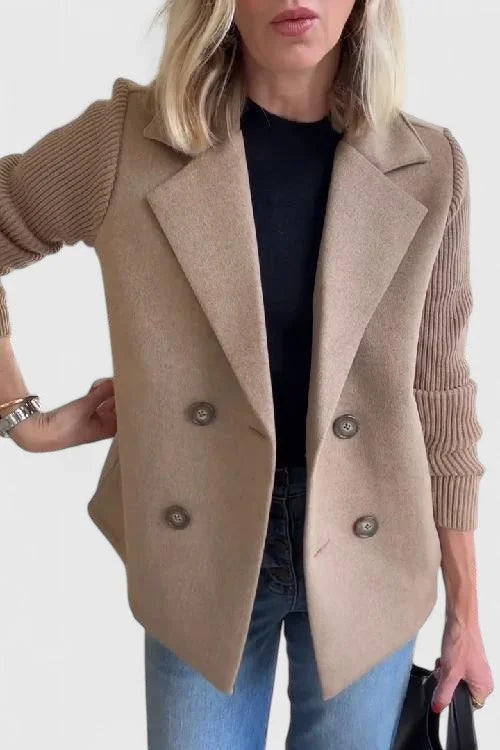 Women's double-breasted notch lapel blazer with ribbed knit sleeves – Brown