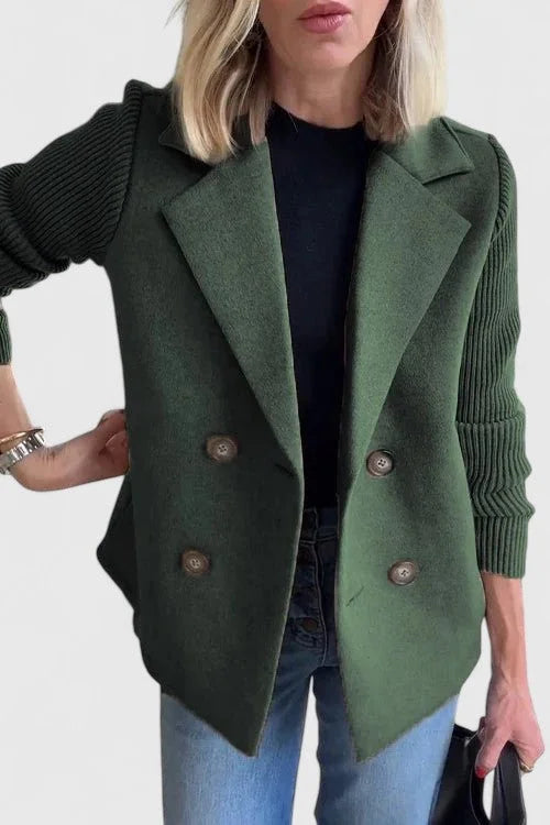 Women's double-breasted notch lapel blazer with ribbed knit sleeves – Green