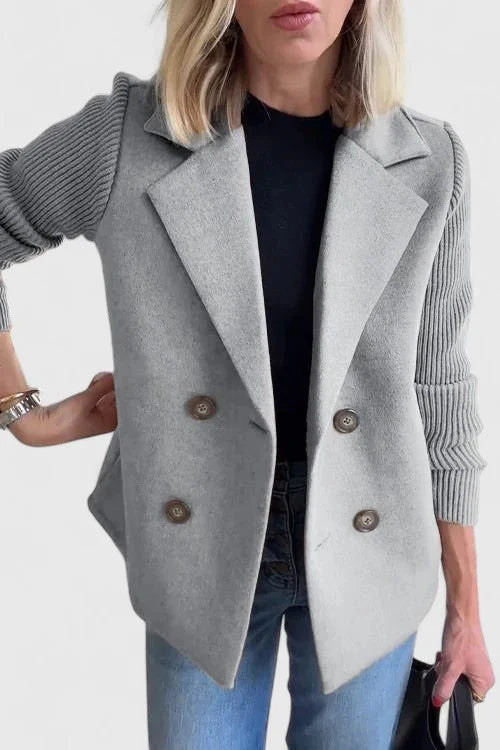 Women's double-breasted notch lapel blazer with ribbed knit sleeves – Grey