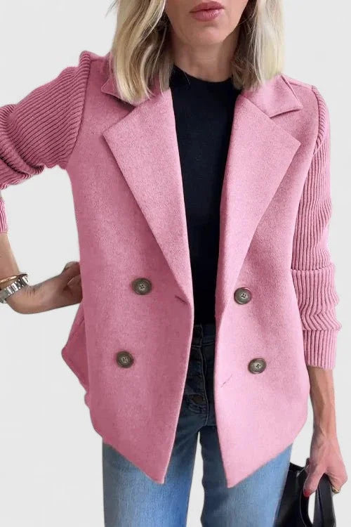 Women's double-breasted notch lapel blazer with ribbed knit sleeves – Pink