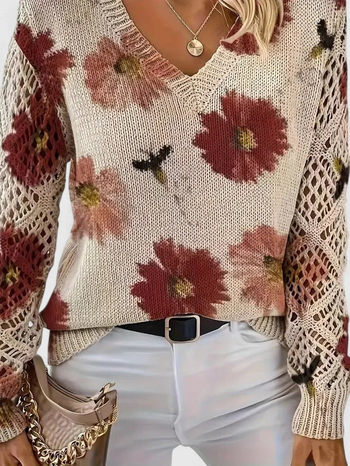 Women's floral knit cardigan with V-neck and lattice sleeves