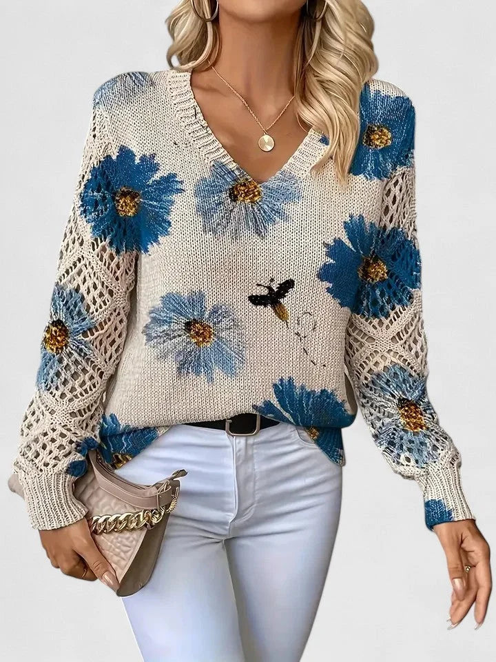 Women's floral knit cardigan with V-neck and lattice sleeves – Blue