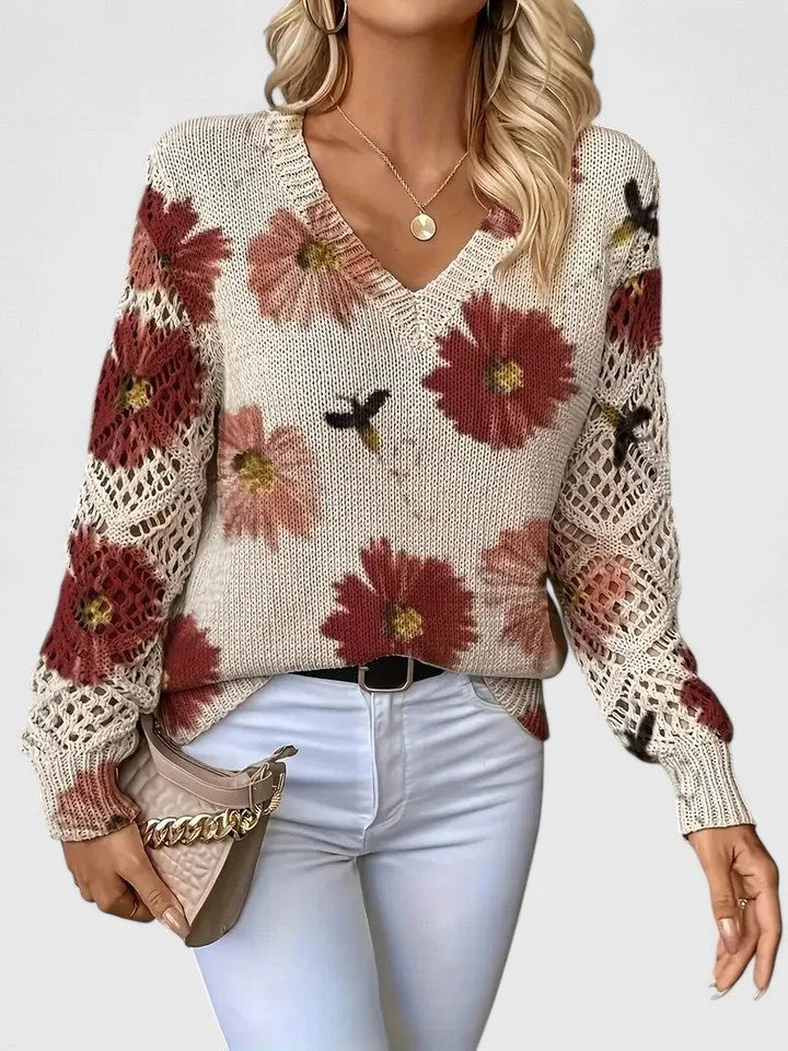 Women's floral knit cardigan with V-neck and lattice sleeves – Red