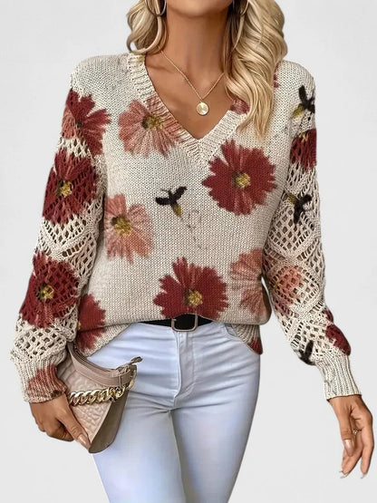 Women's floral knit cardigan with V-neck and lattice sleeves – Red