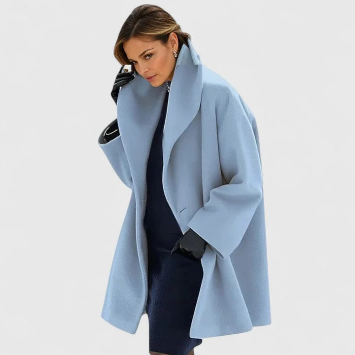 Women's button-front shawl collar wool coat with wide – Blue