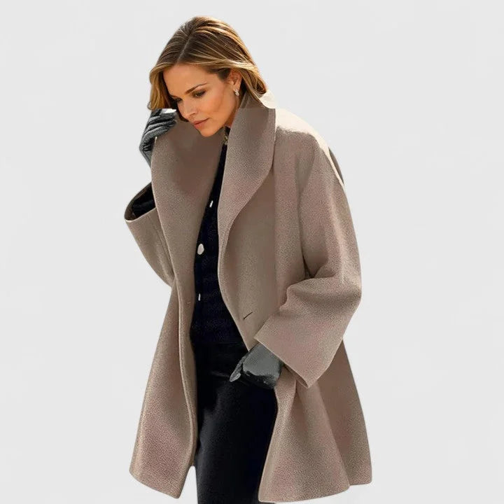 Women's button-front shawl collar wool coat with oversized draped – Khaki