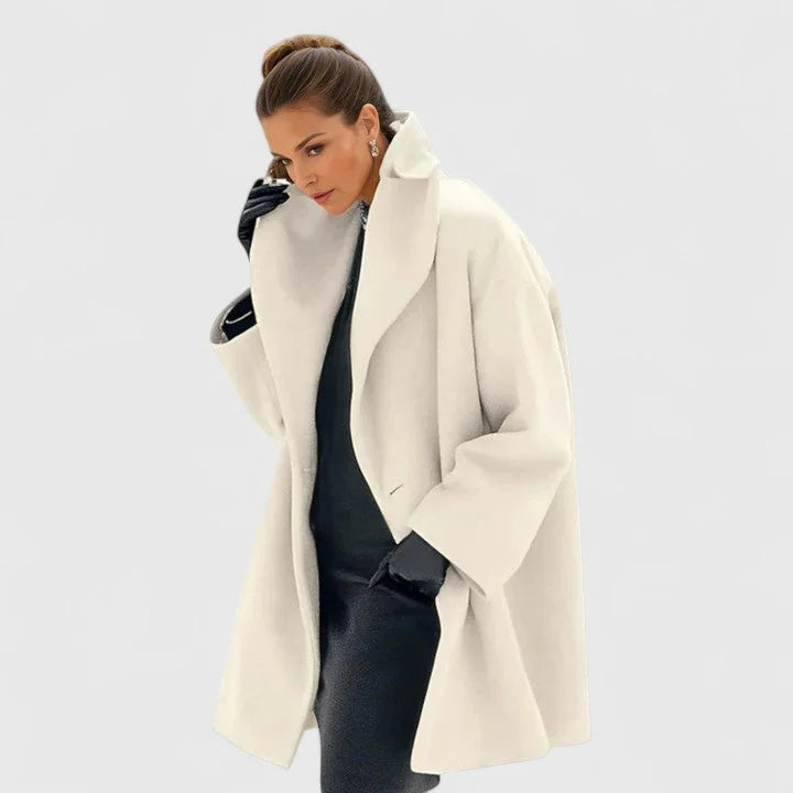Women's button-front shawl collar wool coat with wide – White