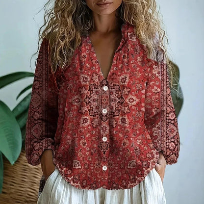 Women's long sleeve V-neck embroidered blouse – Dark Red