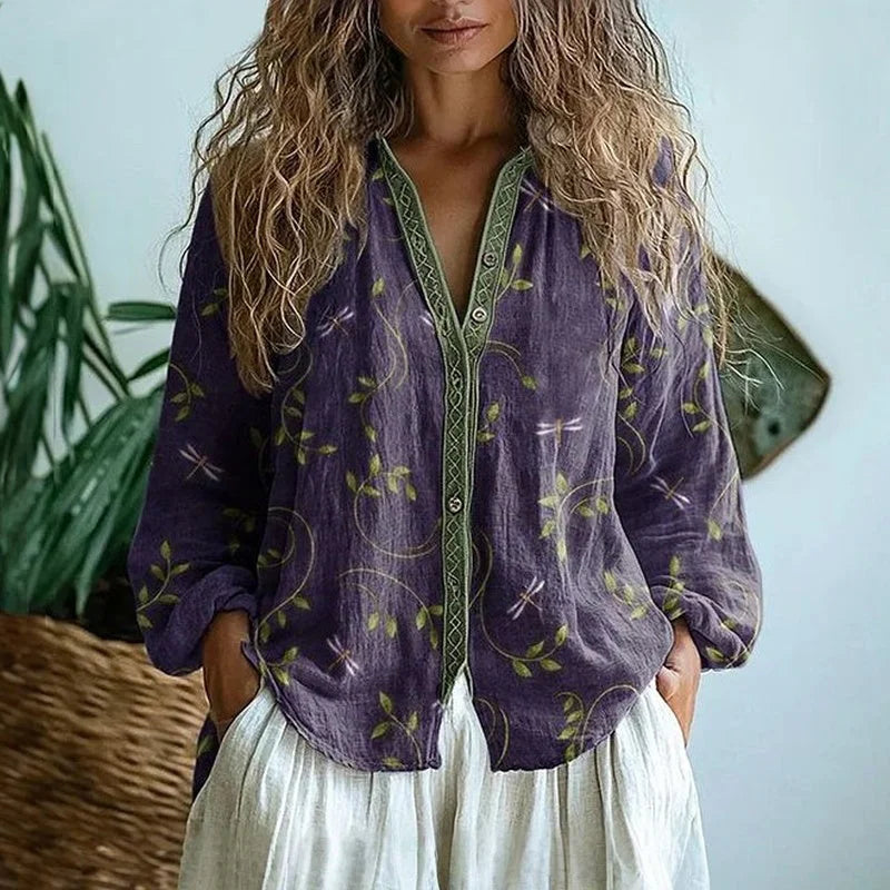 Women's long sleeve V-neck embroidered blouse – Purple