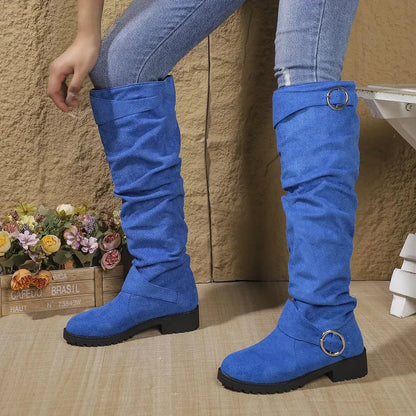 Women's slouchy knee-high boots with buckle detail – Blue