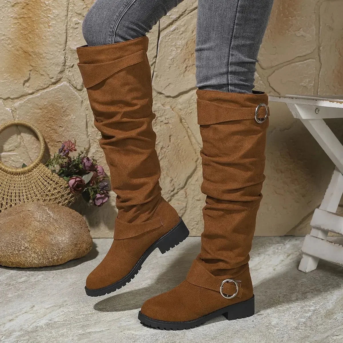 Women's slouchy knee-high boots with buckle detail – Khaki