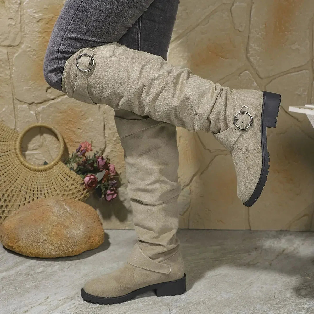 Women's slouchy knee-high boots with buckle detail – Light Brown