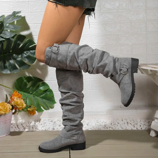 Women's slouchy knee-high boots with buckle detail – Light Grey