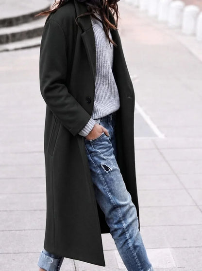 Women's oversized button-up trench coat with lapel collar – Black