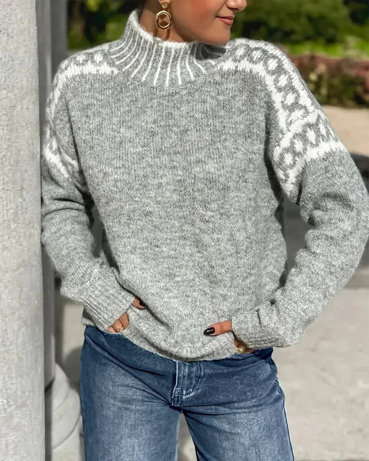 Women's fair isle knit roll neck jumper with pattern – Grey