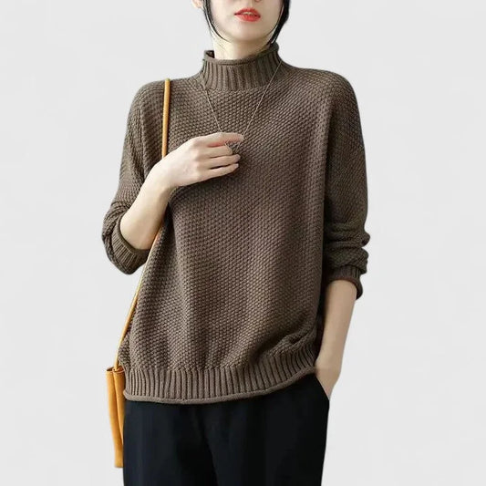Women's knit roll neck jumper with textured body – Light Brown