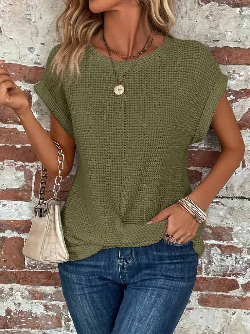 Women's waffle knit short-sleeve top with crew neckline – Olive Green