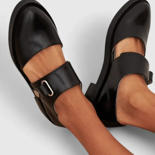 Women's leather buckle-strap Mary-Jane flats with cut-out sides – Black