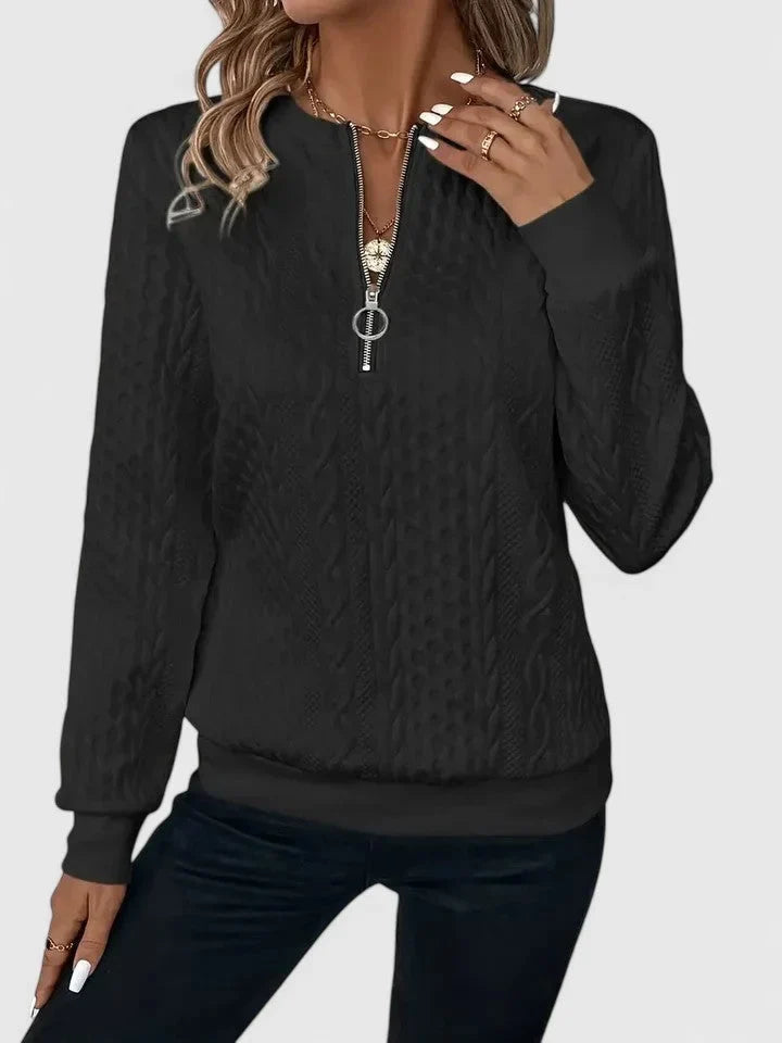 Women's cable-knit sweater with half-zip front and long sleeves – Black