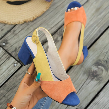 Women's color-block suede open-toe block-heel sandals with adjustable slingback strap