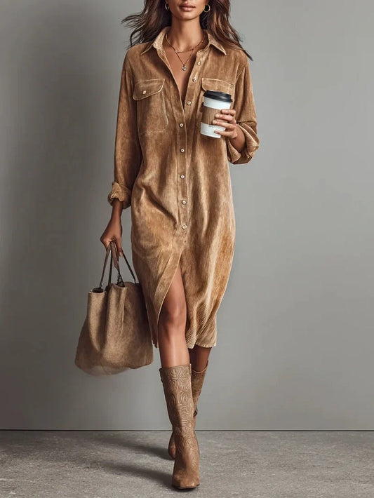 Women's corduroy collared long-sleeve midi dress with high-slit flared hem – Khaki