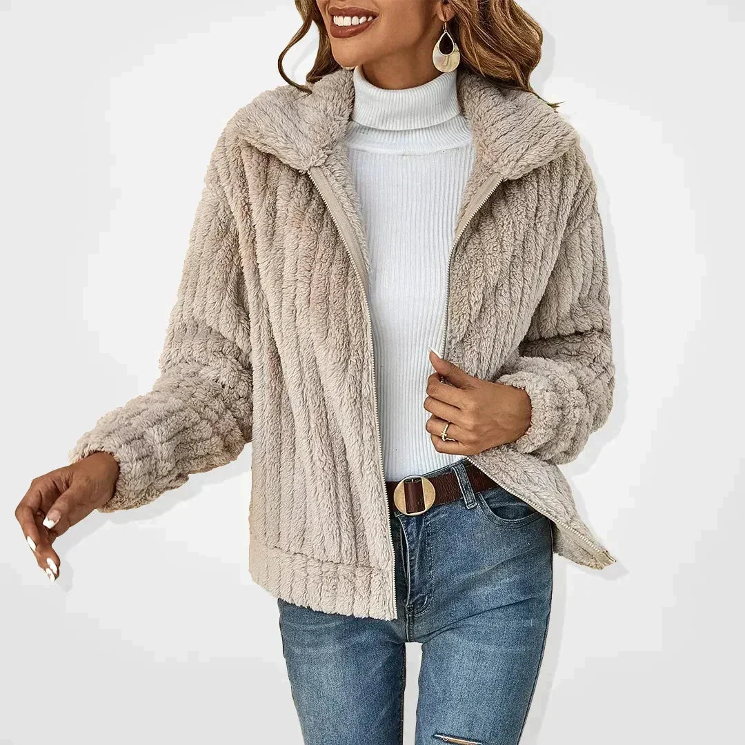 Women's cozy fuzzy long-sleeve zip-up fleece jacket with wide collar – Apricot