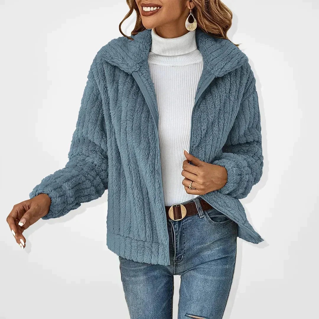 Women's cozy fuzzy long-sleeve zip-up fleece jacket with wide collar – Blue
