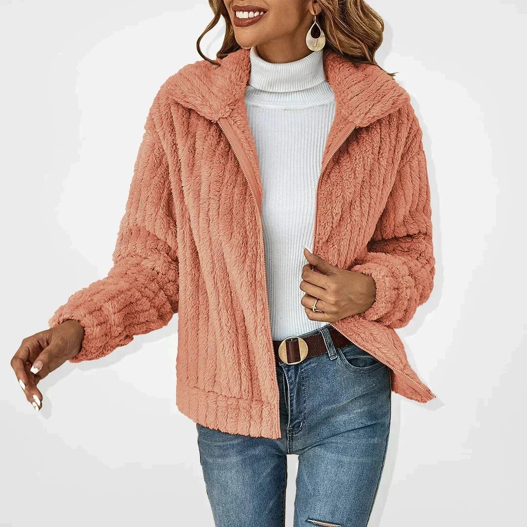 Women's cozy fuzzy long-sleeve zip-up fleece jacket with wide collar – Pink