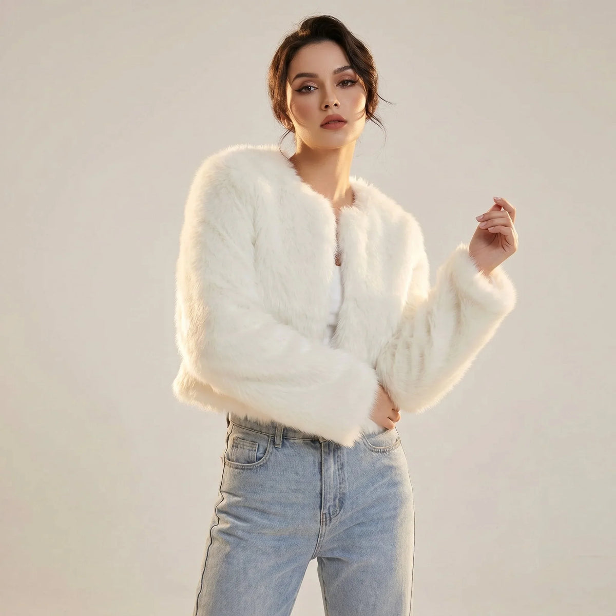 Women's cropped faux fur cardigan jacket | Mirazel