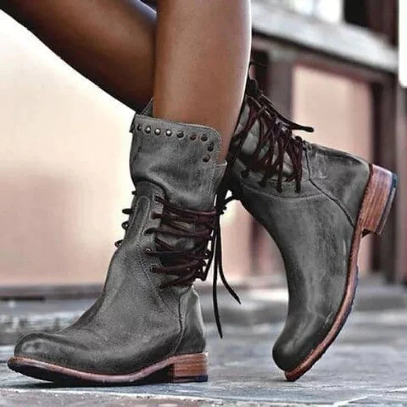 Women's distressed faux leather lace-up boots with studded cuff detail – Grey