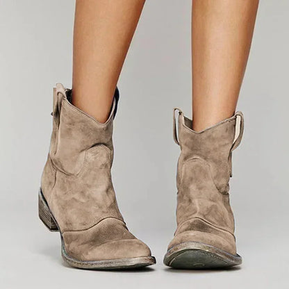 Women's distressed suede fringed western cowboy boots with pull-on style – Brown