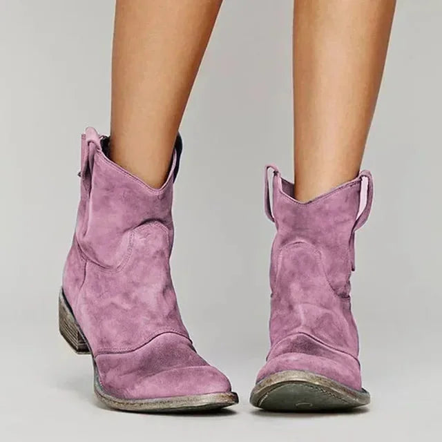 Women's distressed suede fringed western cowboy boots with pull-on style – Pink