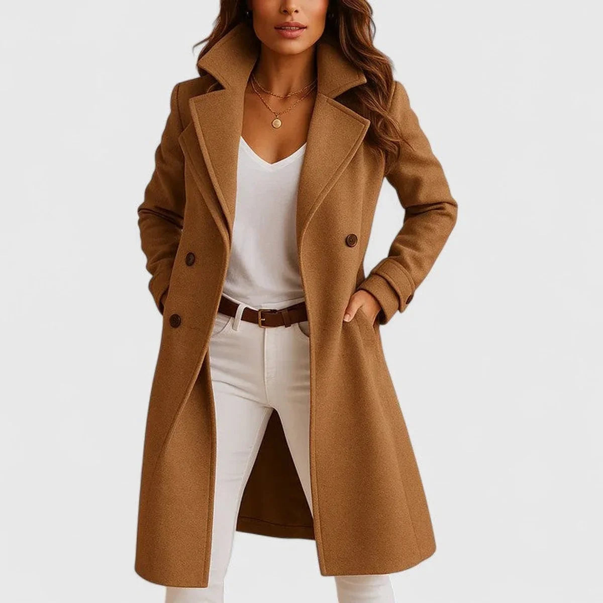 Women's long button-front notch-lapel coat – Camel