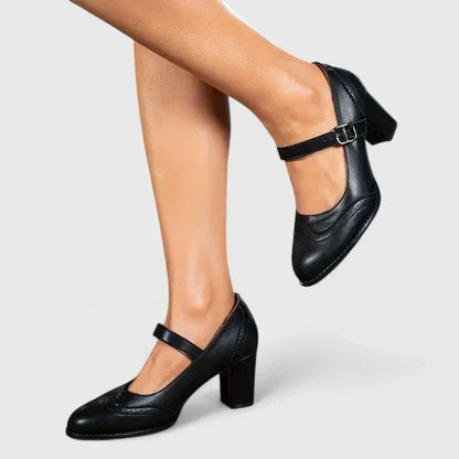 Women's faux-leather brogue Mary Jane block-heel shoes with buckle strap