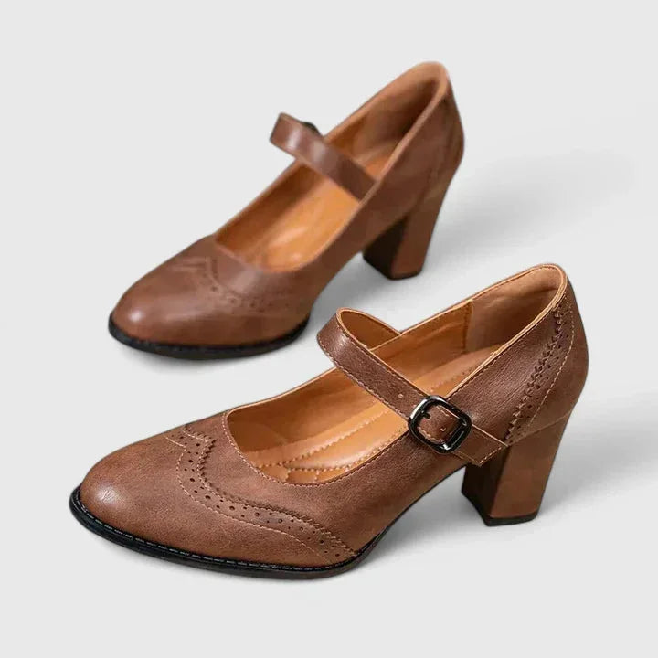 Women's faux-leather brogue Mary Jane block-heel shoes with buckle strap