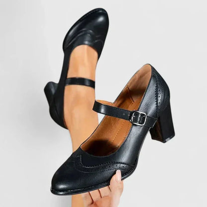 Women's faux-leather brogue Mary Jane block-heel shoes with buckle strap