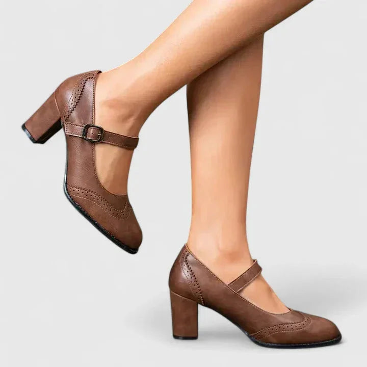 Women's faux-leather brogue Mary Jane block-heel shoes with buckle strap