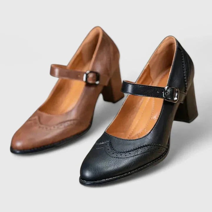 Women's faux-leather brogue Mary Jane block-heel shoes with buckle strap