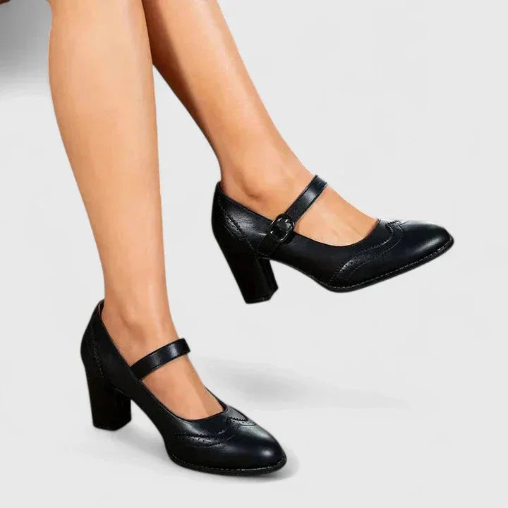 Women's faux-leather brogue Mary Jane block-heel shoes with buckle strap – Black