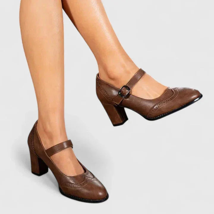 Women's faux-leather brogue Mary Jane block-heel shoes with buckle strap