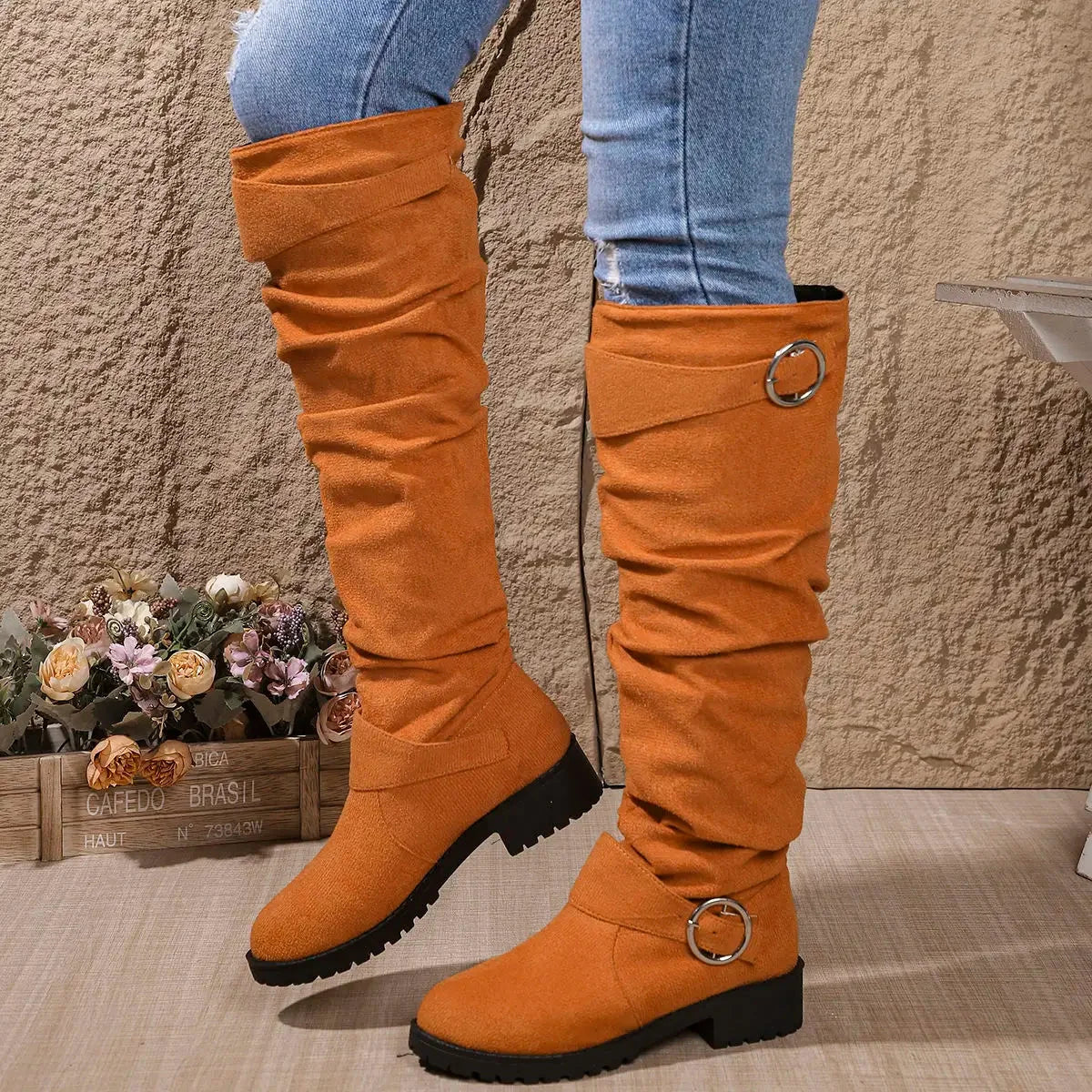 Women's faux suede slouchy knee-high boots with buckle and lug sole – Orange