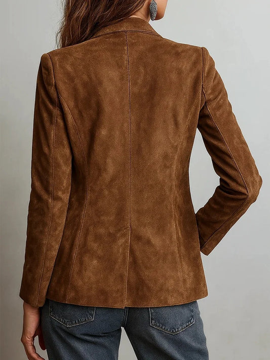Women's faux suede tailored single-breasted cardigan blazer – Brown