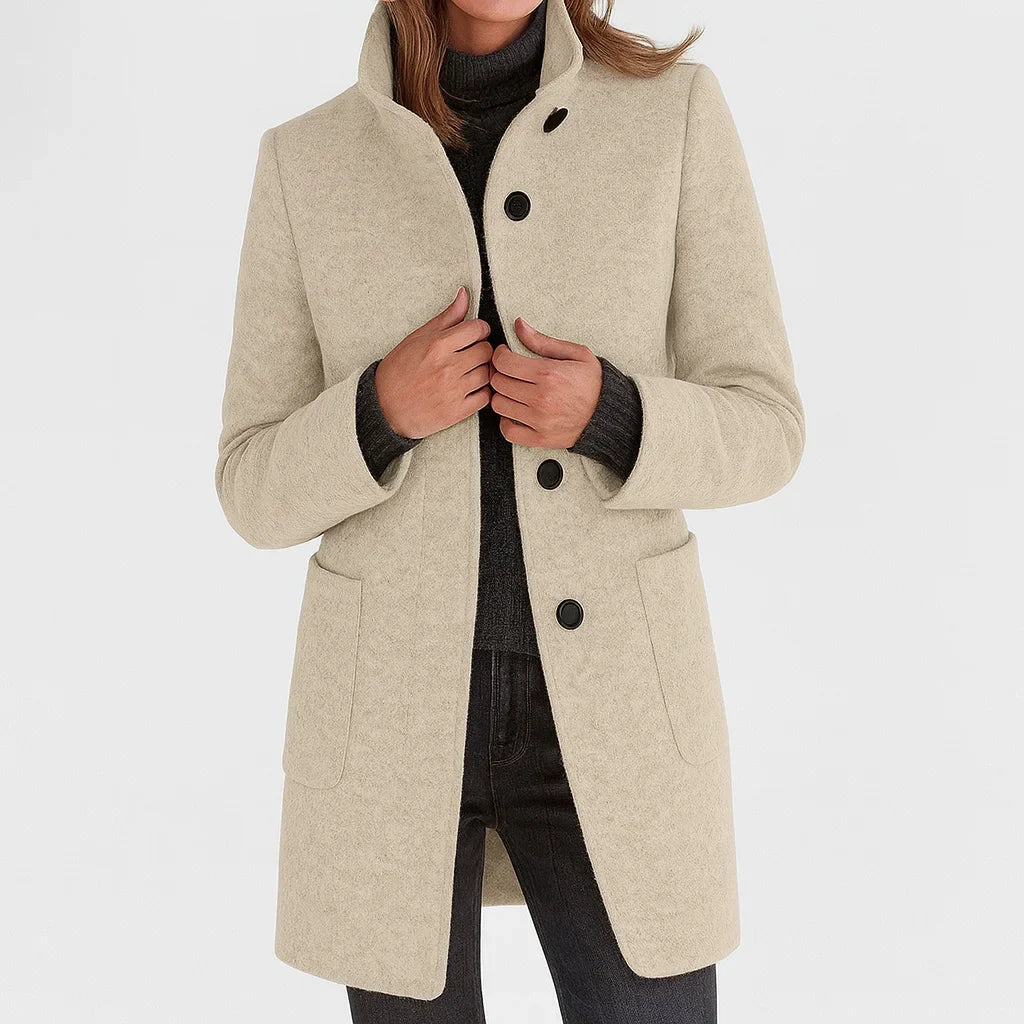 Women's felted wool coat with stand collar and button-front closure – Beige