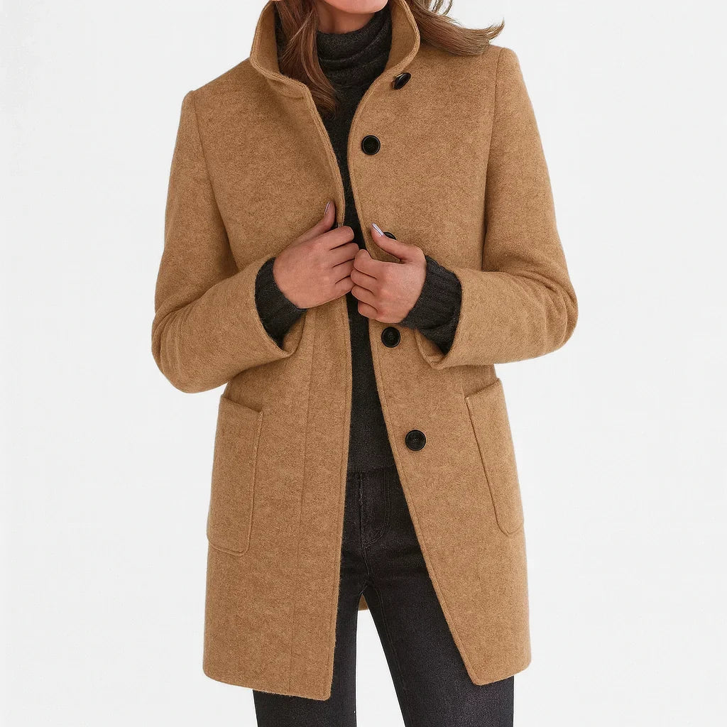 Women's felted wool coat with stand collar and button-front closure – Khaki
